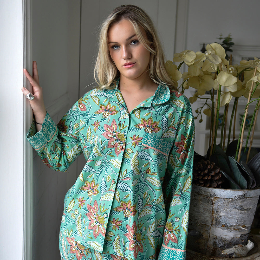 Turquoise, Pink & Olive Block Floral Print Pyjamas
