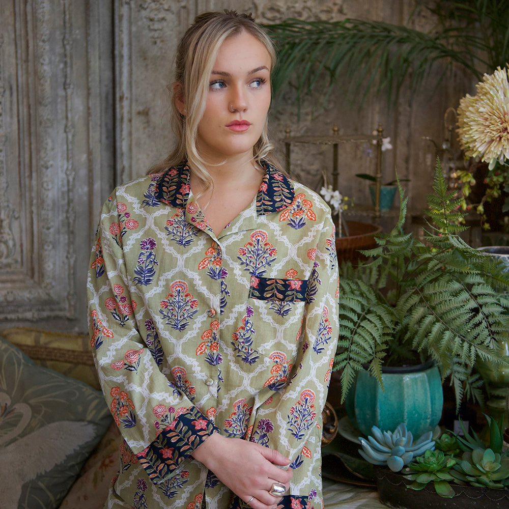 Green Framed Small Floral Block Print Pyjamas