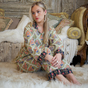 Green Framed Small Floral Block Print Pyjamas