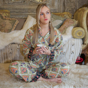 Green Framed Small Floral Block Print Pyjamas