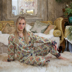 Green Framed Small Floral Block Print Pyjamas