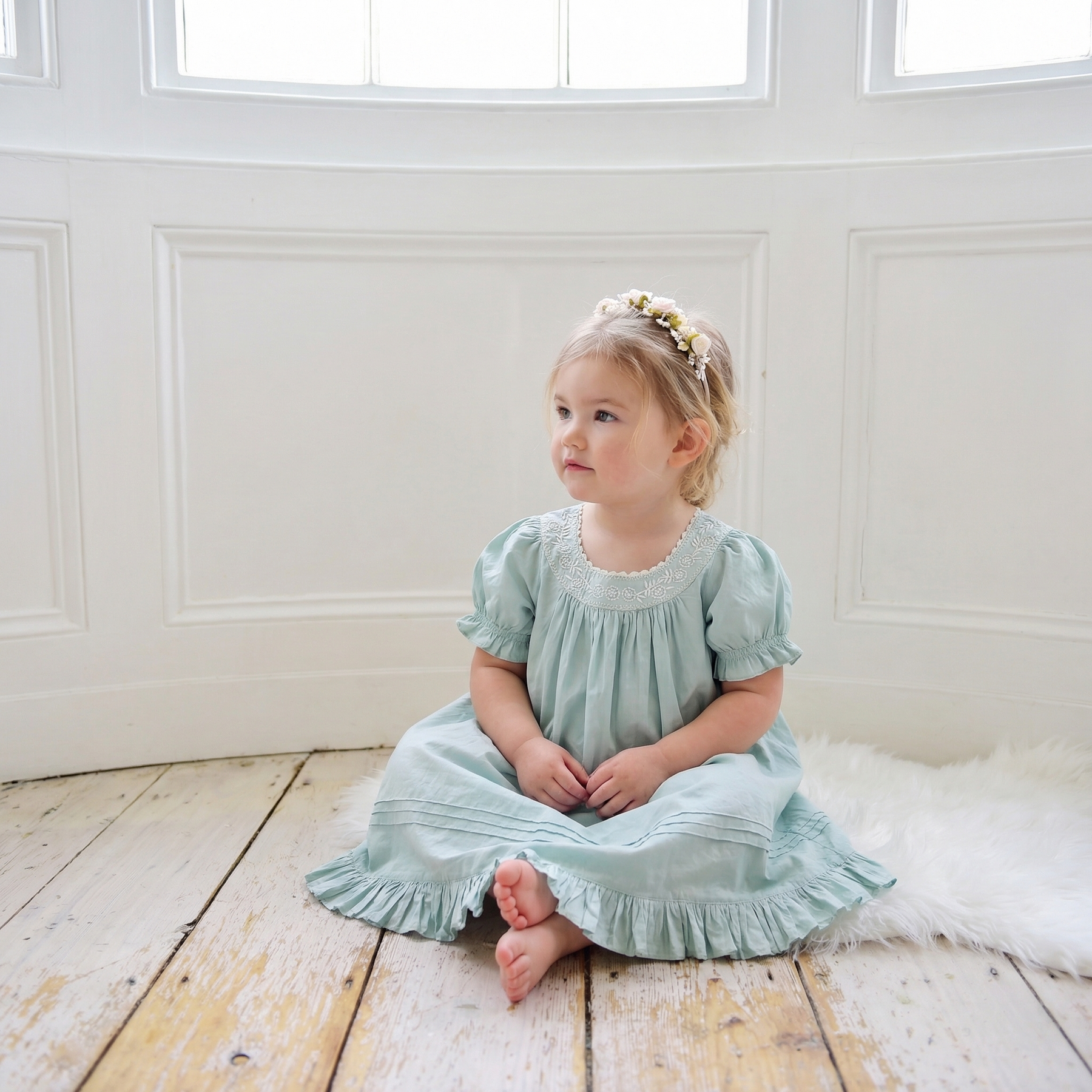 Clementine Girls Pale Green Puff Sleeve Dress