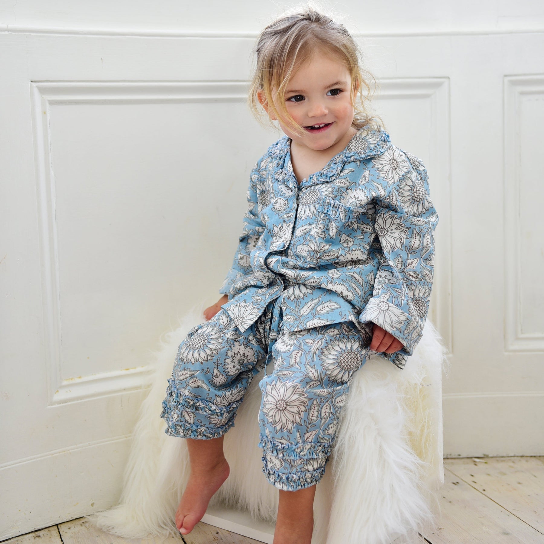 Cornflower Blue Floral Print Girls Pyjamas