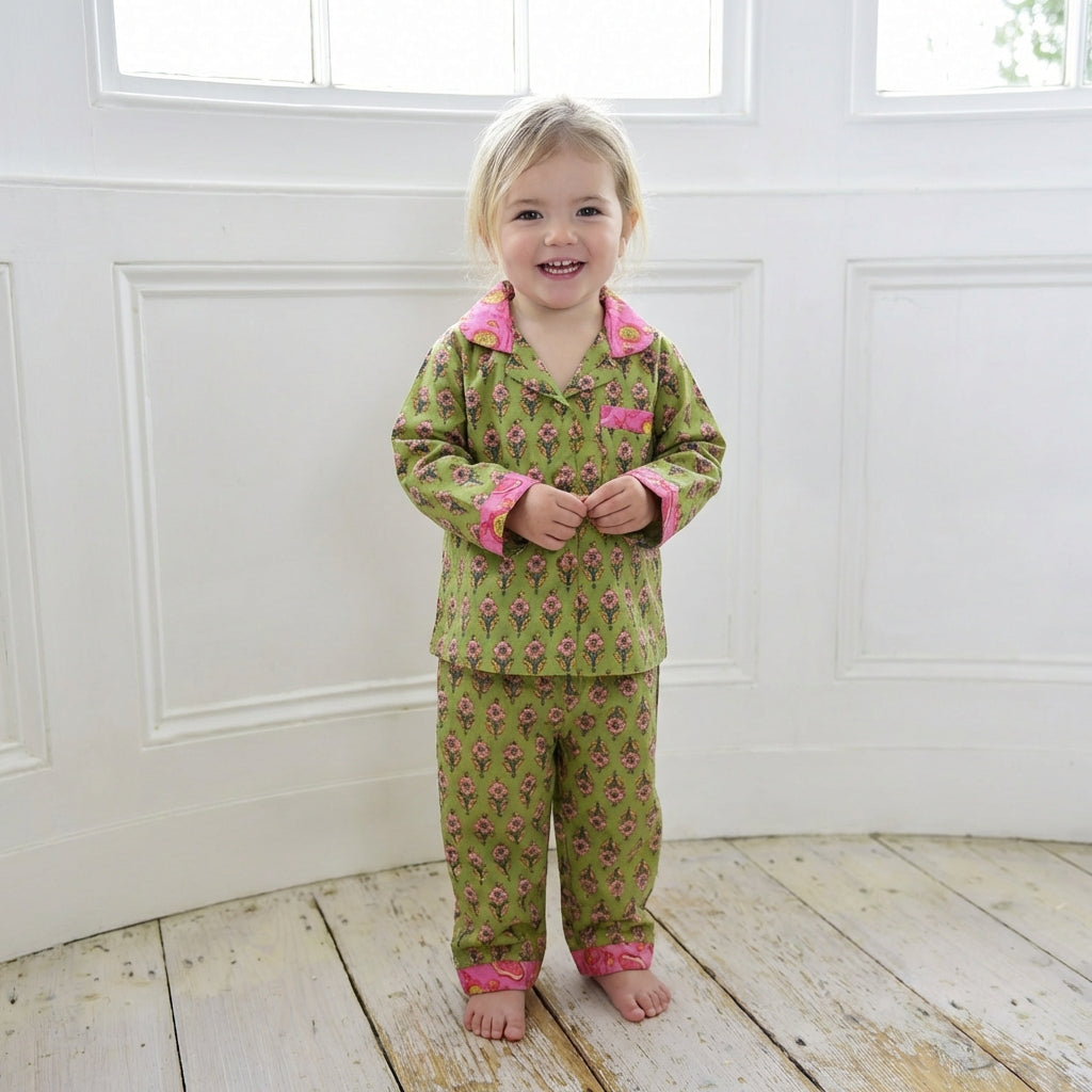 Lime Green & Pink Small Block Print Traditional Cotton Pyjamas