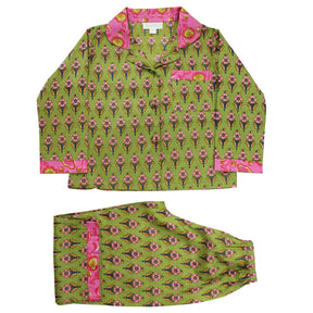 Lime Green & Pink Small Block Print Traditional Cotton Pyjamas
