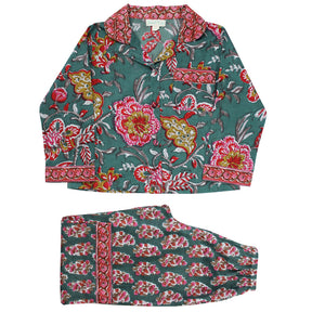 Pine Green, Red, Pink & Mustard Mixed Block Print Traditional Cotton Pyjamas