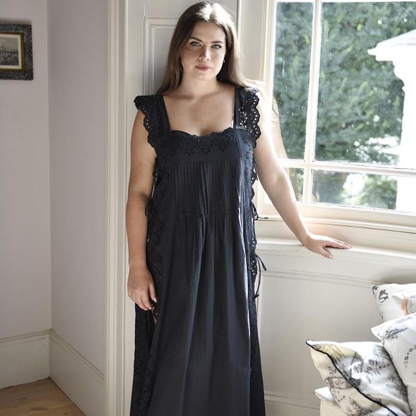 Betty, Black Sleeveless Cotton Nightdress With Side Ties