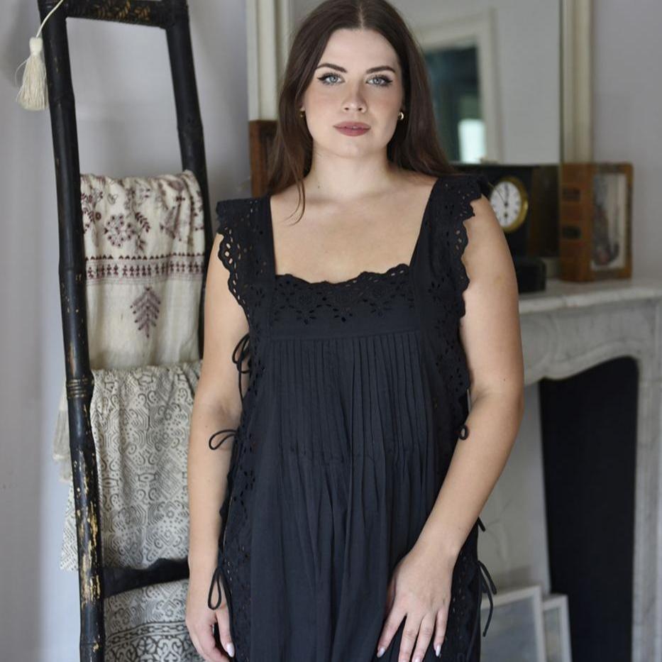 Betty, Black Sleeveless Cotton Nightdress With Side Ties