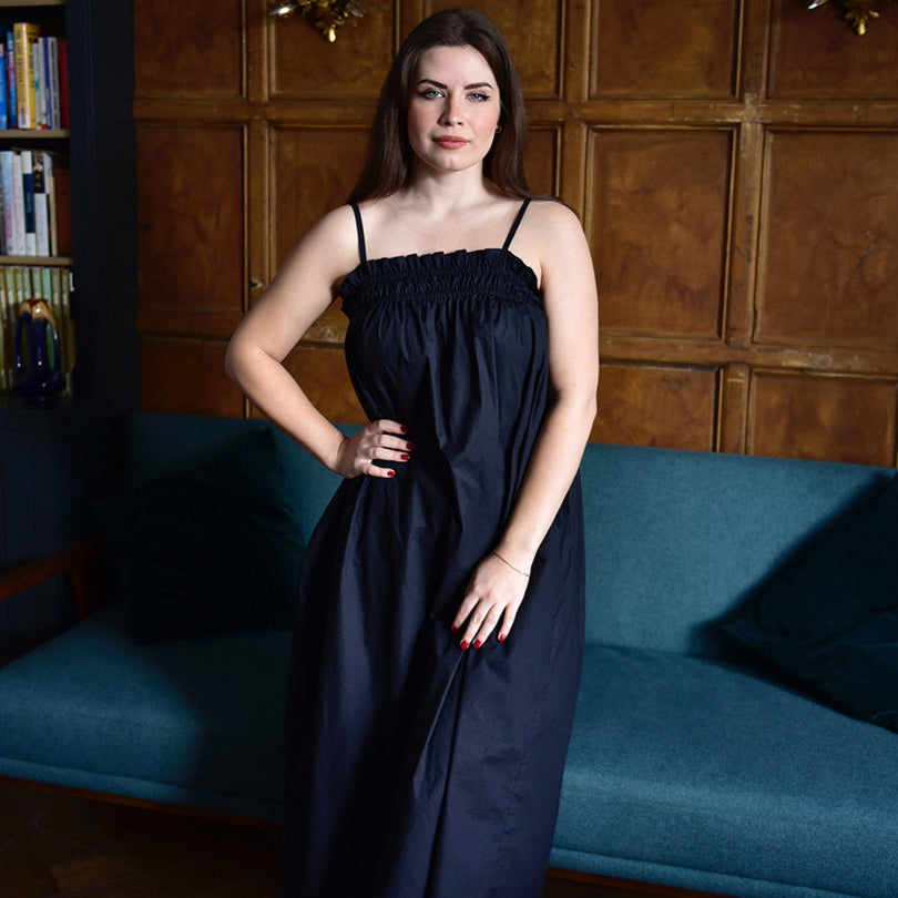 Francesca, Black Adjustable Spaghetti Strap Nightdress With Elasticated Neckline