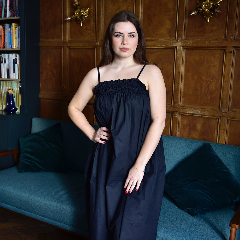 Francesca, Black Adjustable Spaghetti Strap Nightdress With Elasticated Neckline