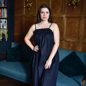 Francesca, Black Adjustable Spaghetti Strap Nightdress With Elasticated Neckline