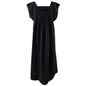 Pearl, Black Cap-sleeved Cotton Nightdress With Square Neckline