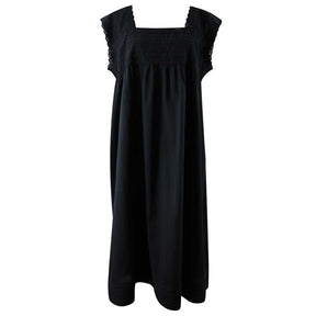 Pearl, Black Cap-sleeved Cotton Nightdress With Square Neckline