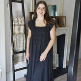 Pearl, Black Cap-sleeved Cotton Nightdress With Square Neckline