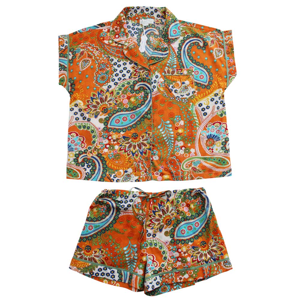 Orange Paisley Short Pyjama Set With Piping