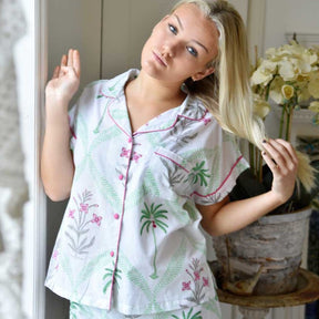 Floral Pink Palms Short Pyjama Set With Piping