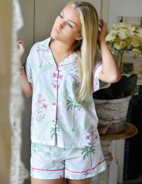 Floral Pink Palms Short Pyjama Set With Piping