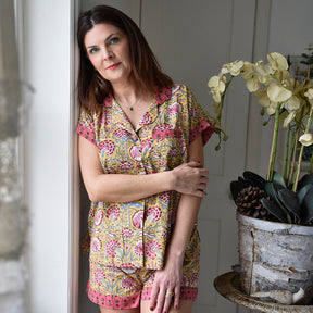 Yellow & Pink Carnation Print Short Pyjama Set