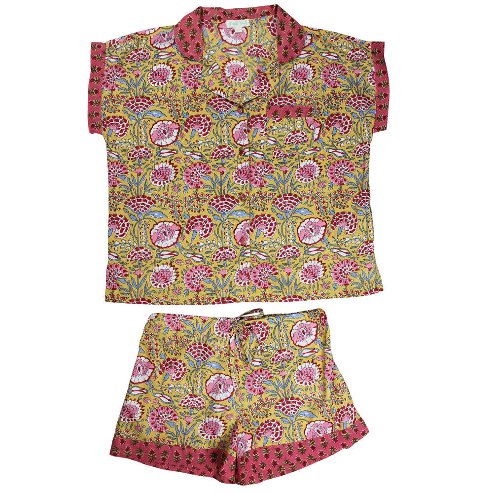 Yellow & Pink Carnation Print Short Pyjama Set