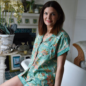 Turquoise, Pink & Olive Block Floral Print Short Pyjama Set