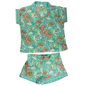 Turquoise, Pink & Olive Block Floral Print Short Pyjama Set