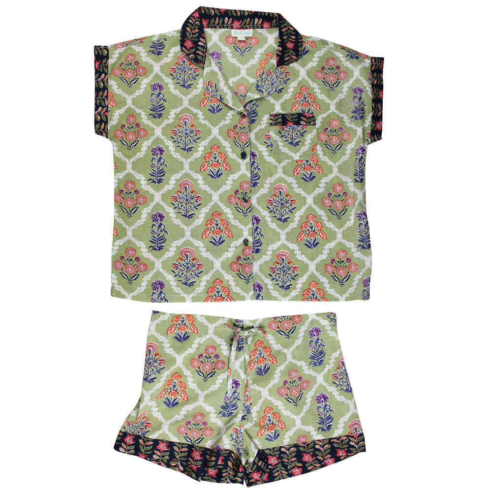 Green Framed Small Floral Block Print Short Pyjama Set