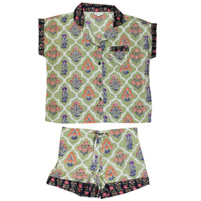 Green Framed Small Floral Block Print Short Pyjama Set