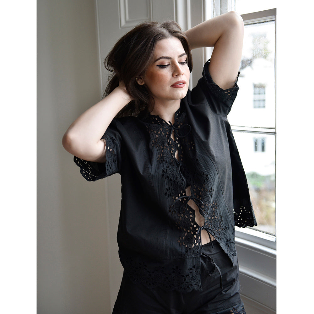 Black Short Sleeve Tie Front Shorty Pyjama Set