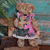 Teddy Bear With Pink Safari Print Dress And Baby