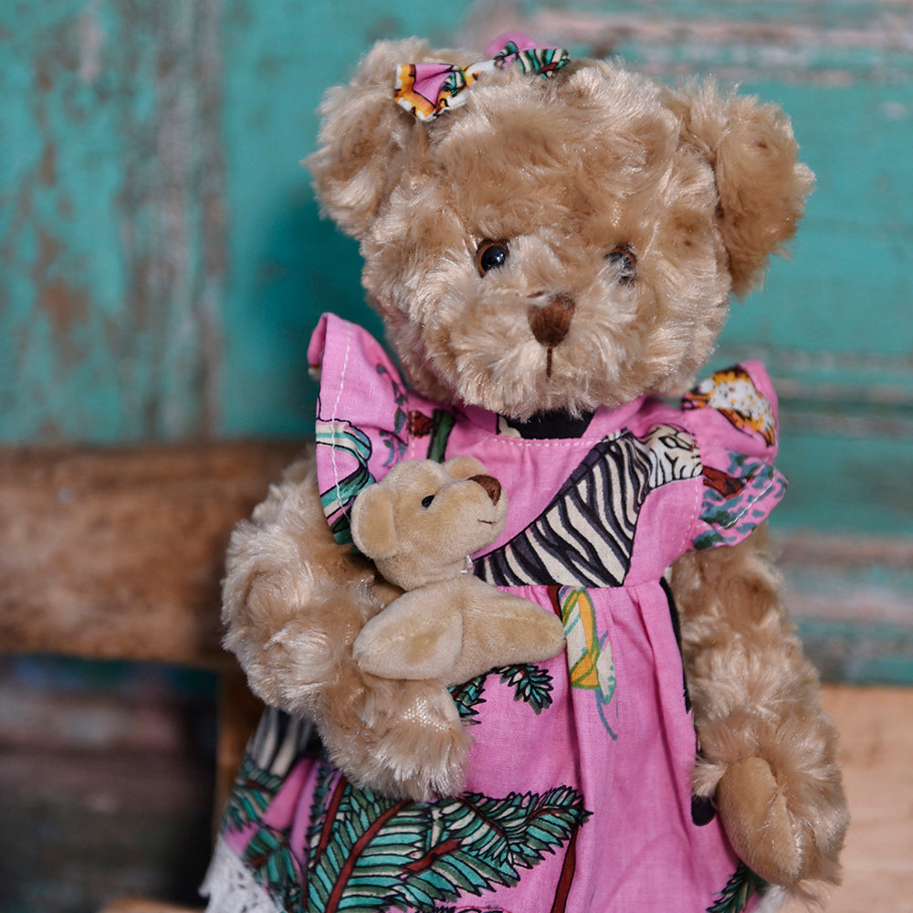 Teddy Bear With Pink Safari Print Dress And Baby