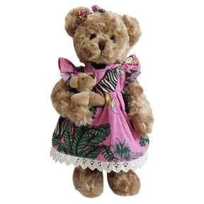 Teddy Bear With Pink Safari Print Dress And Baby