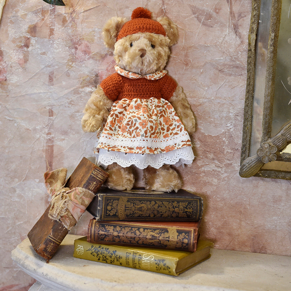 Teddy Wearing Autumnal Floral Skirt And Hand Crocheted Jumper & Hat