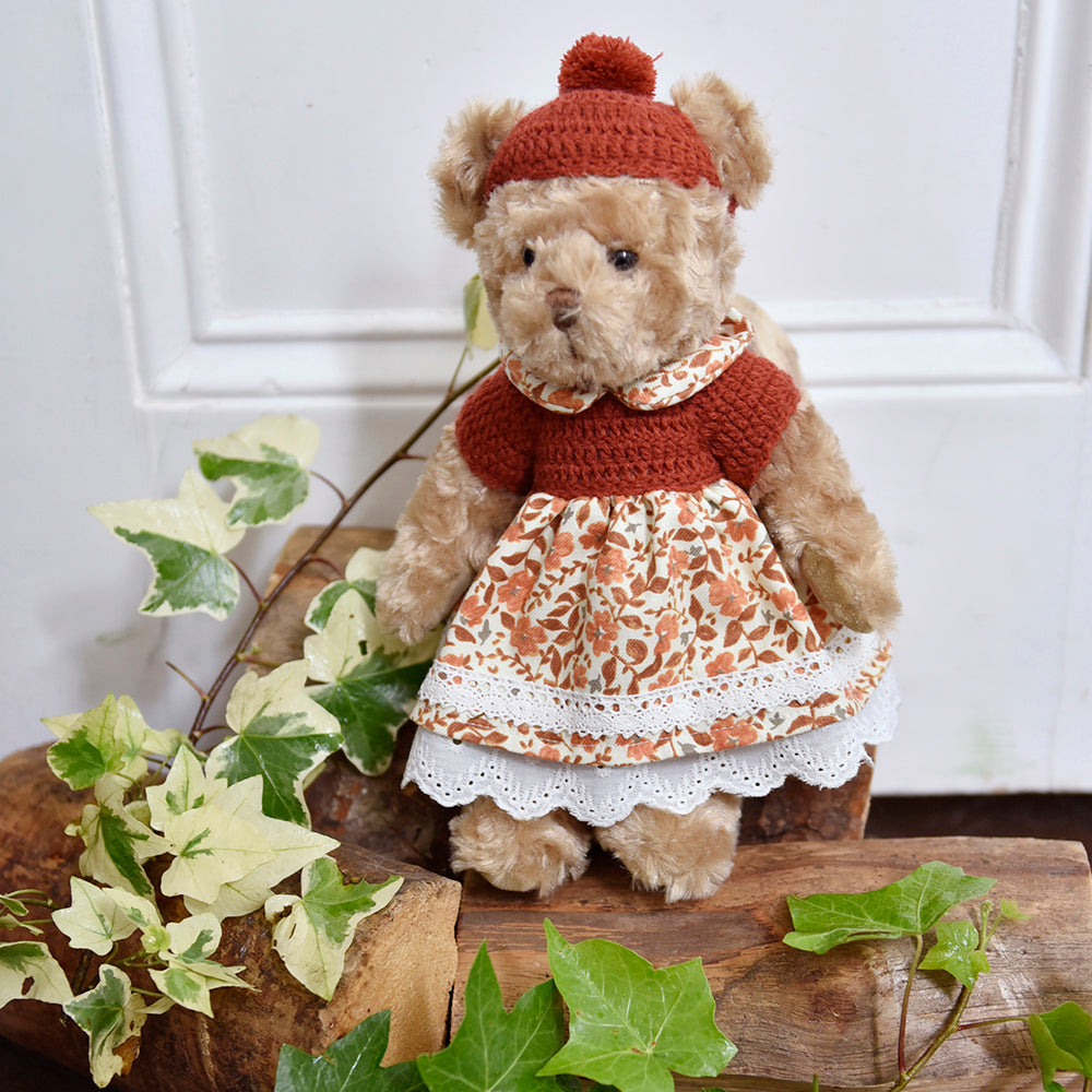 Teddy Wearing Autumnal Floral Skirt And Hand Crocheted Jumper & Hat