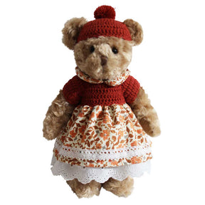 Teddy Wearing Autumnal Floral Skirt And Hand Crocheted Jumper & Hat