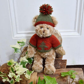 Teddy Wearing Red And Green Hand Knitted Jumper And Cosy Knitted Hat