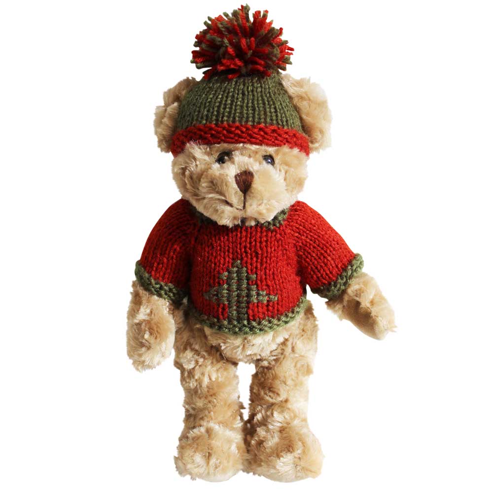 Teddy Wearing Red And Green Hand Knitted Jumper And Cosy Knitted Hat