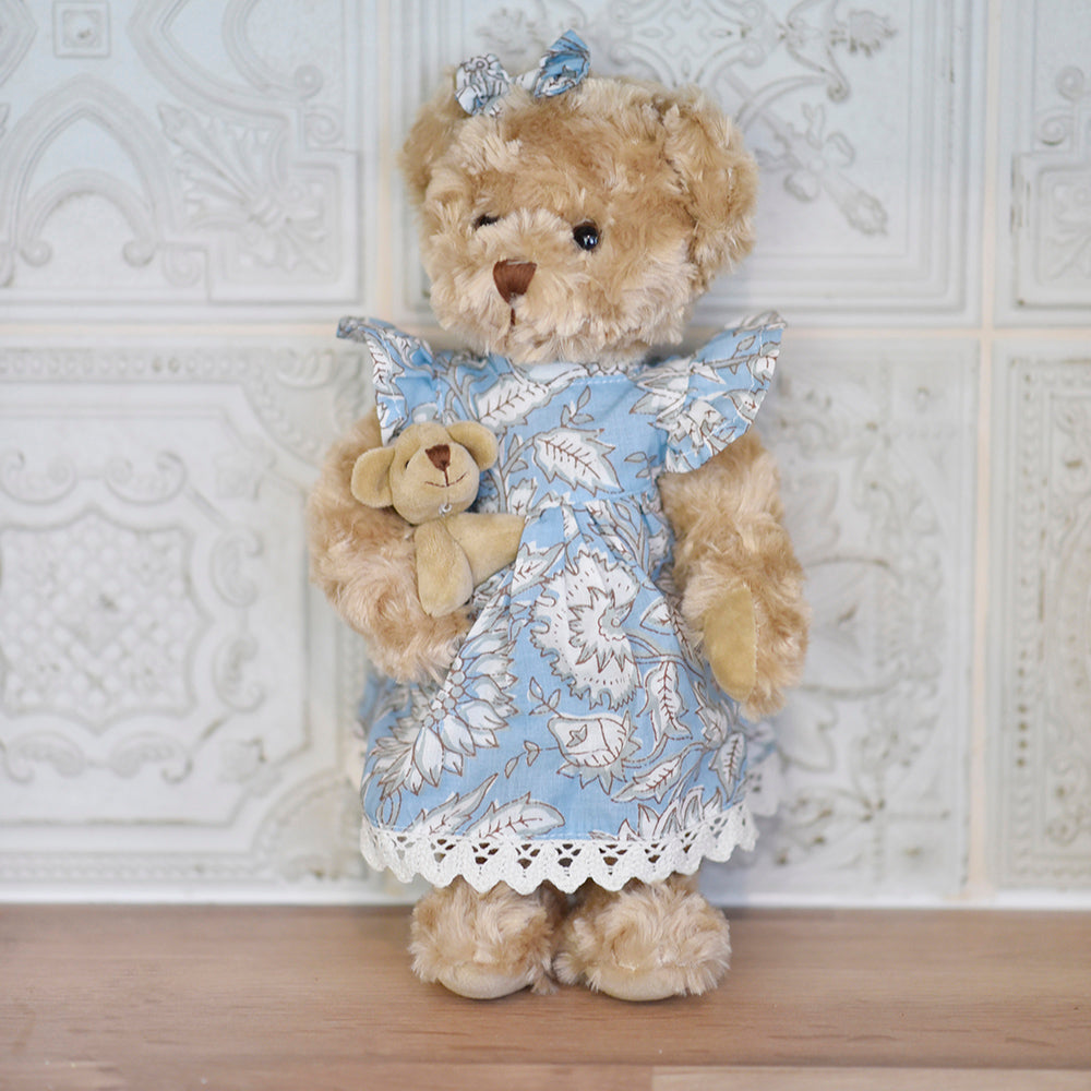 Teddy Bear With Cornflower Blue Print Dress And Baby Teddy Bear With Cornflower Blue Print Dress And Baby