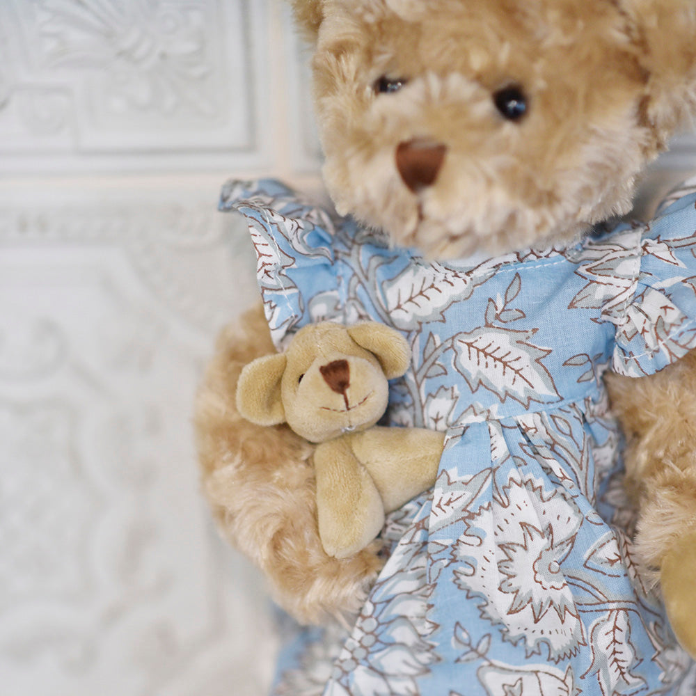 Teddy Bear With Cornflower Blue Print Dress And Baby