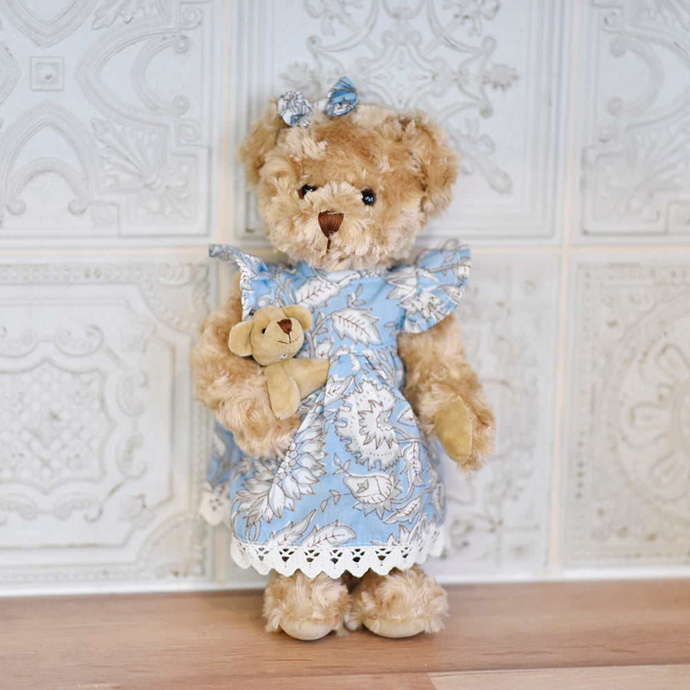 Teddy Bear With Cornflower Blue Print Dress And Baby