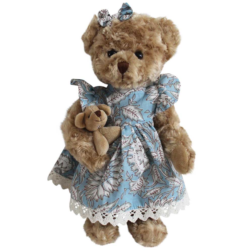 Teddy Bear With Cornflower Blue Print Dress And Baby