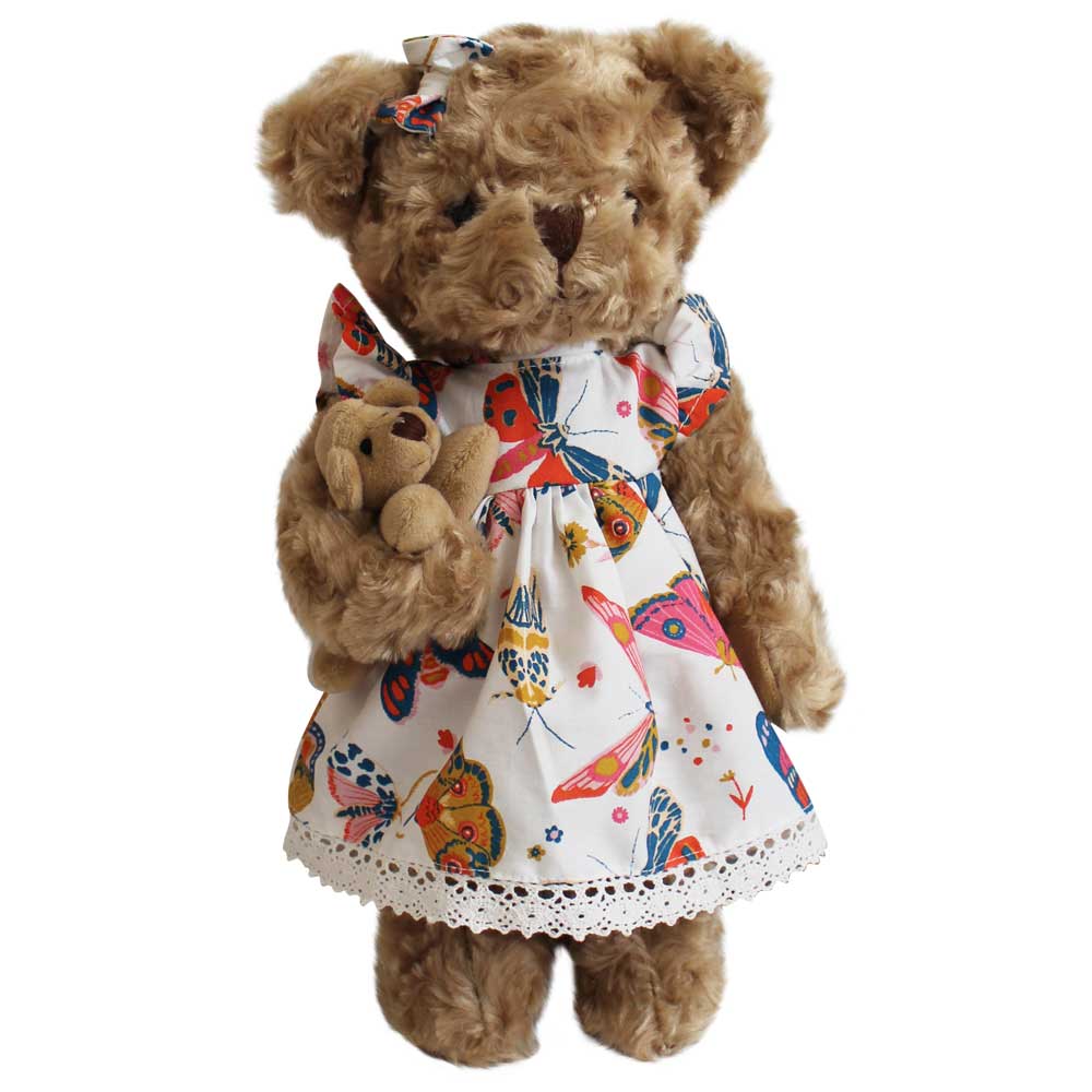 Teddy Bear With Butterfly Print Dress And Baby