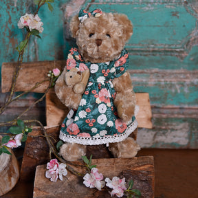 Teddy Bear With Green Woodland Floral Print Dress And Baby