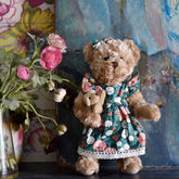 Teddy Bear With Green Woodland Floral Print Dress And Baby