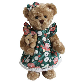 Teddy Bear With Green Woodland Floral Print Dress And Baby