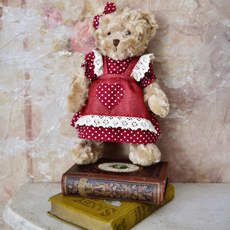 Teddy Wearing Red & White Polka Dot Love Heart Dress