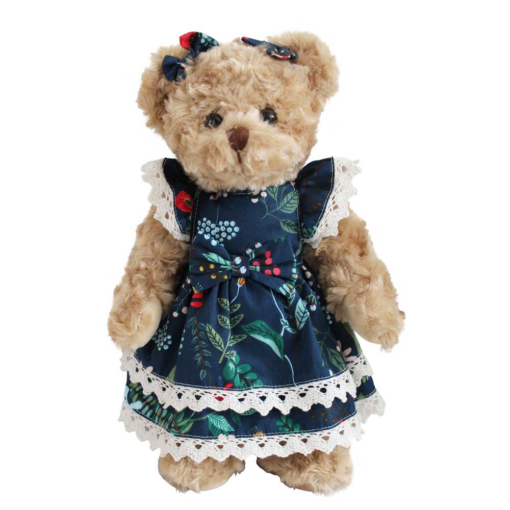 Teddy Bear Dressed in Navy Berry Print Dress