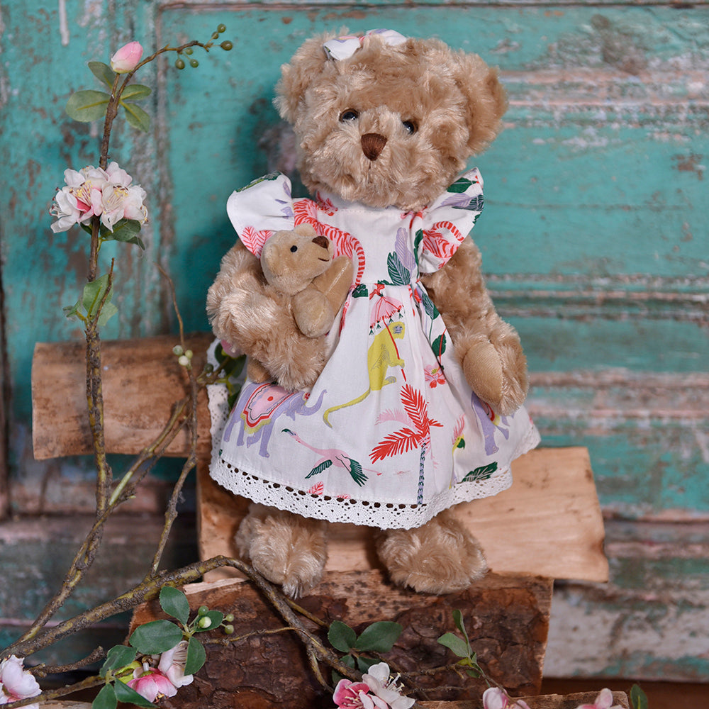 Teddy Bear With Sultan’s Garden Print Dress And Baby