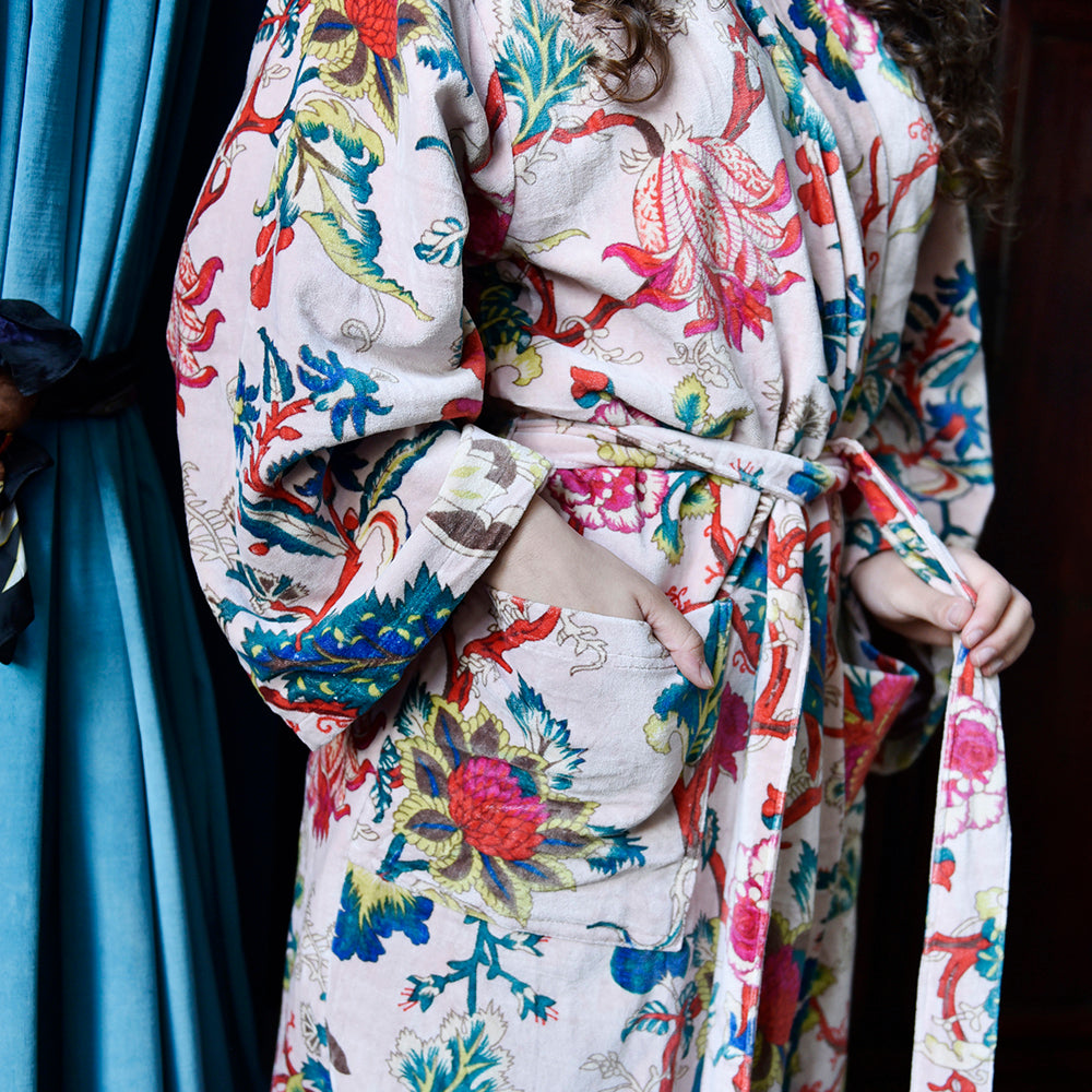 Velvet Pink Exotic Flower Print Dressing Gown With Satin Lining