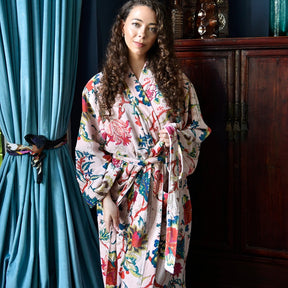 Velvet Pink Exotic Flower Print Dressing Gown With Satin Lining