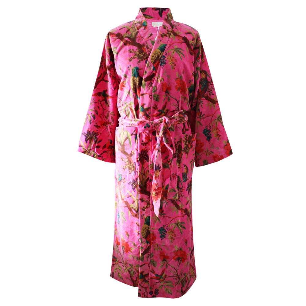 Velvet Hot Pink Bird Print Dressing Gown With Satin Lining
